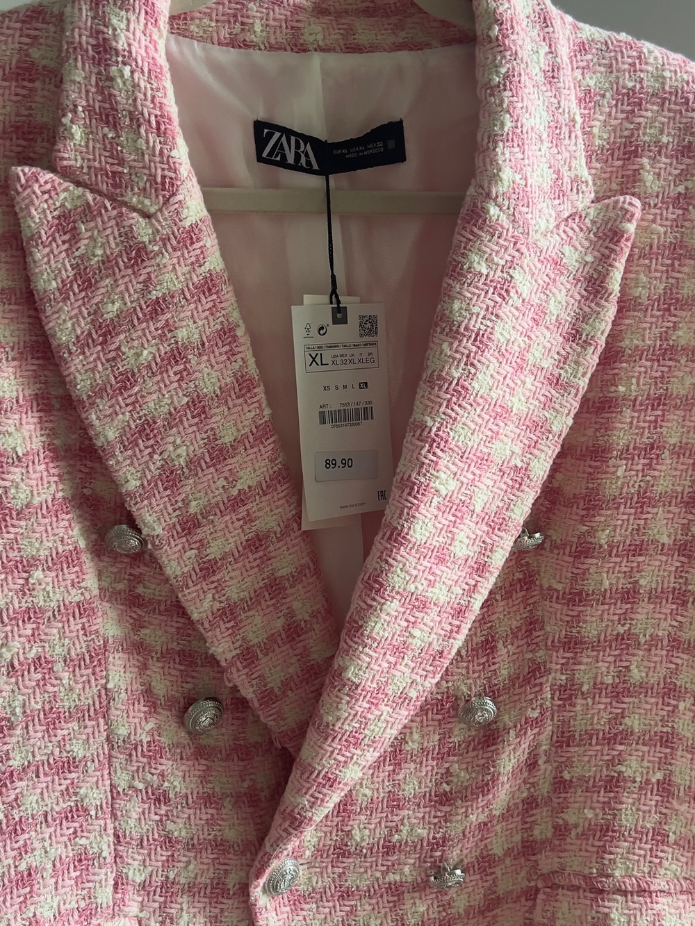 Zara Pink Tweed Double-Breasted Blazer with Pearl-Tone Buttons - Picture 2 of 5